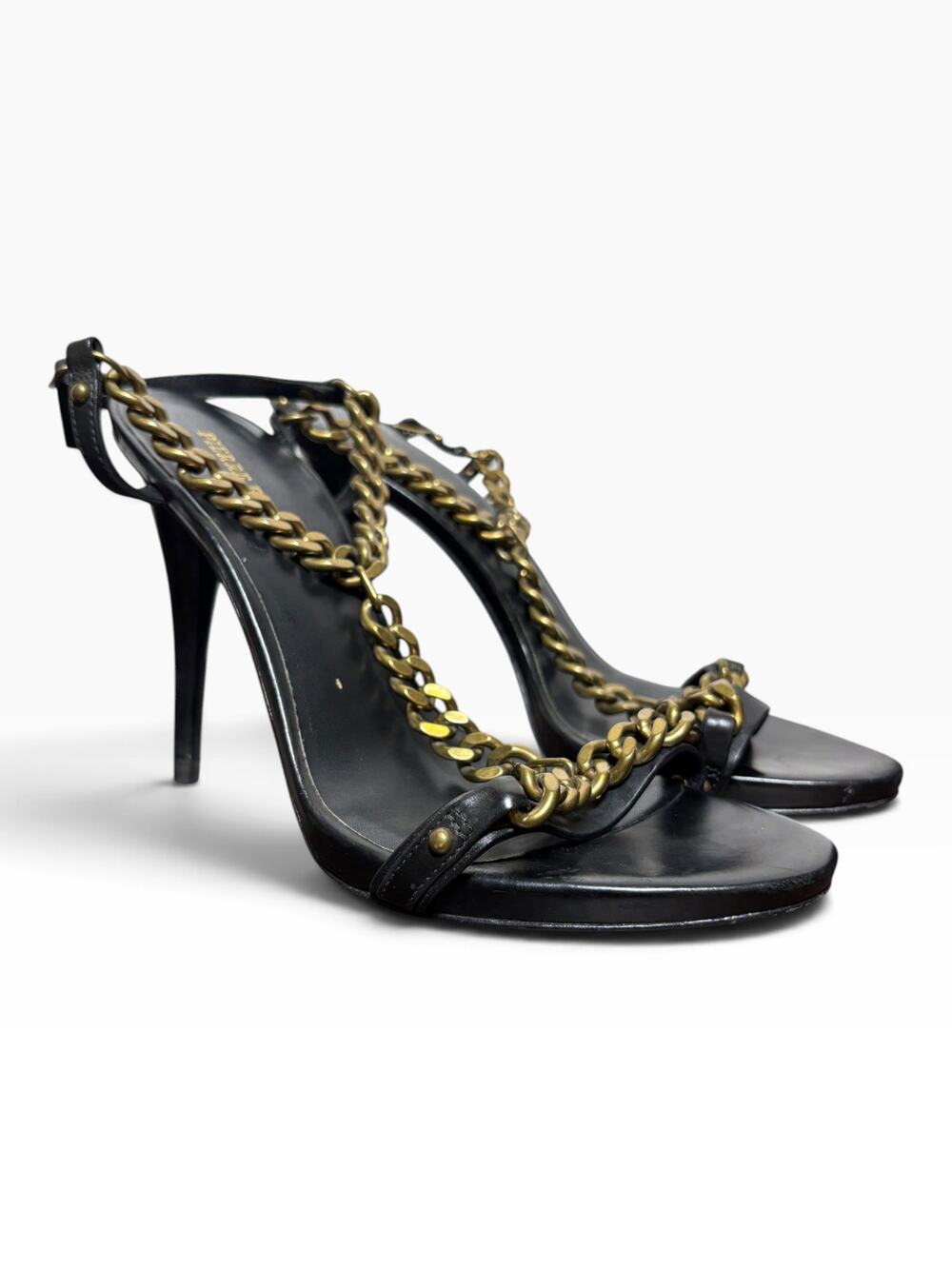 Pierre Balmain Black Leather Gold Chain T-Strap Stiletto Sandals 37 Italy